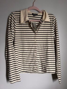 J. Crew Cream and Black Striped Button-Down Polo Shirt